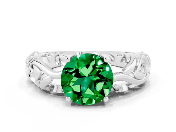 White gold Round Cut Solitaire Emerald Leaf-Inspired Vine Band Ring with Prong Setting