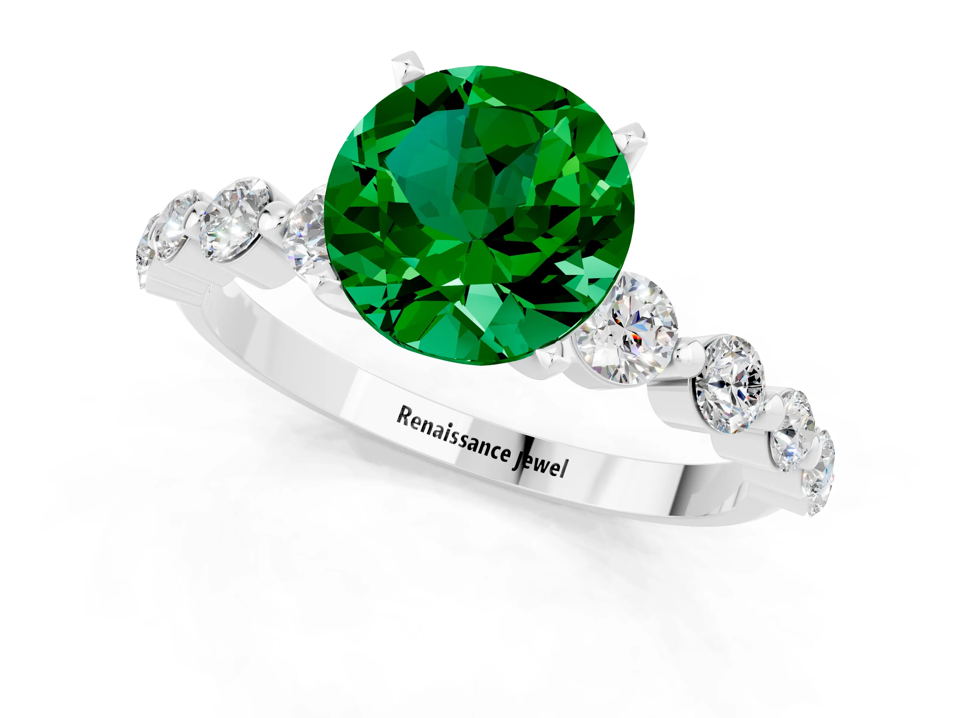 White gold Round Cut Solitaire Emerald Ring with Pave Band and Four-Prong Setting_1