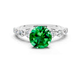 White gold Round Cut Solitaire Emerald Ring with Pave Band and Four-Prong Setting