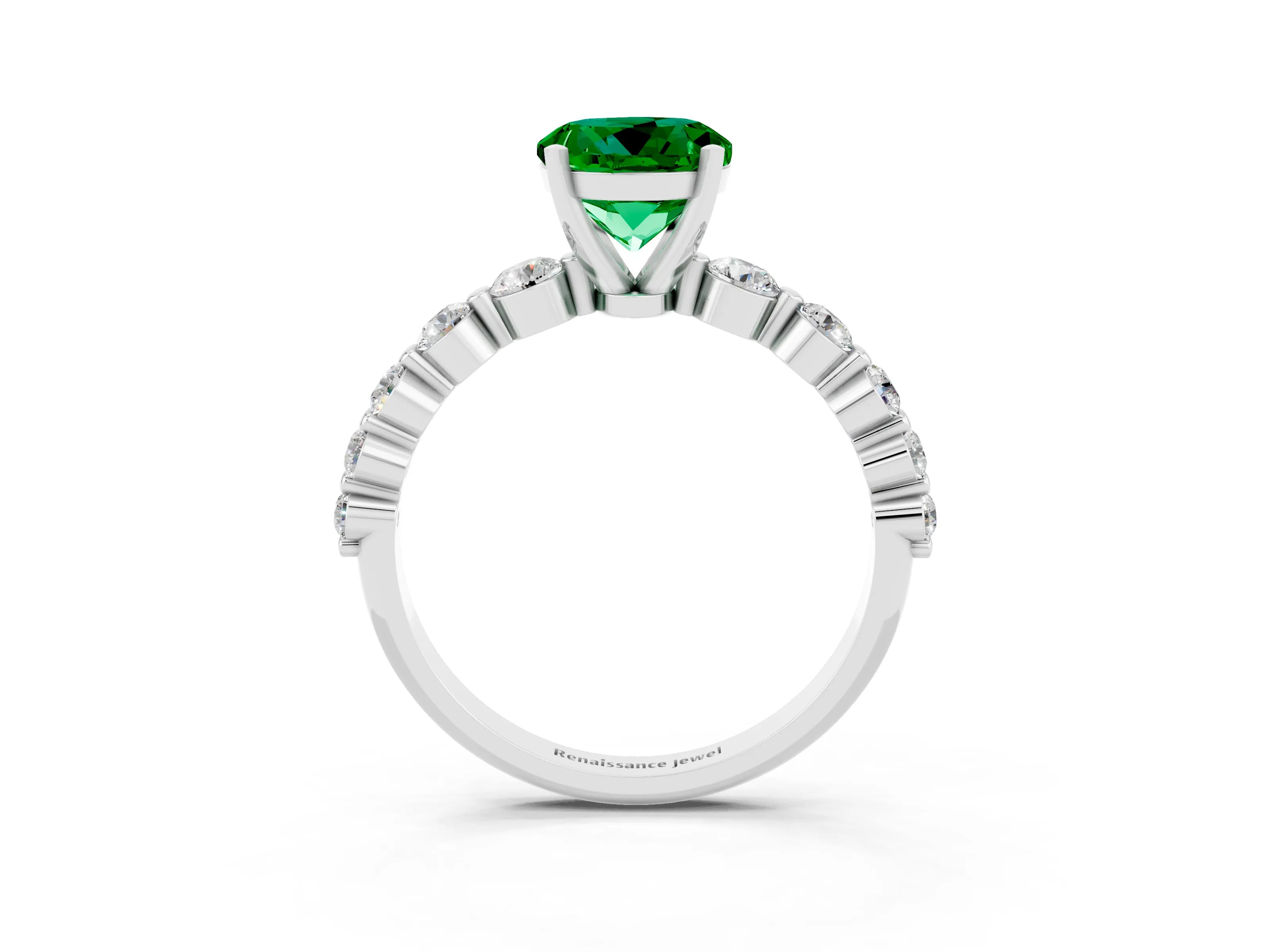 White gold Round Cut Solitaire Emerald Ring with Pave Band and Four-Prong Setting_3