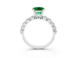 White gold Round Cut Solitaire Emerald Ring with Pave Band and Four-Prong Setting_3