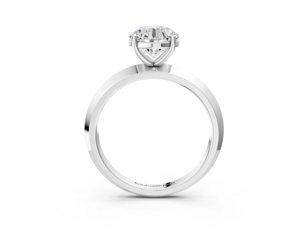 White gold Round Cut Solitaire Engagement Ring with Flat Band and Four-Prong Setting