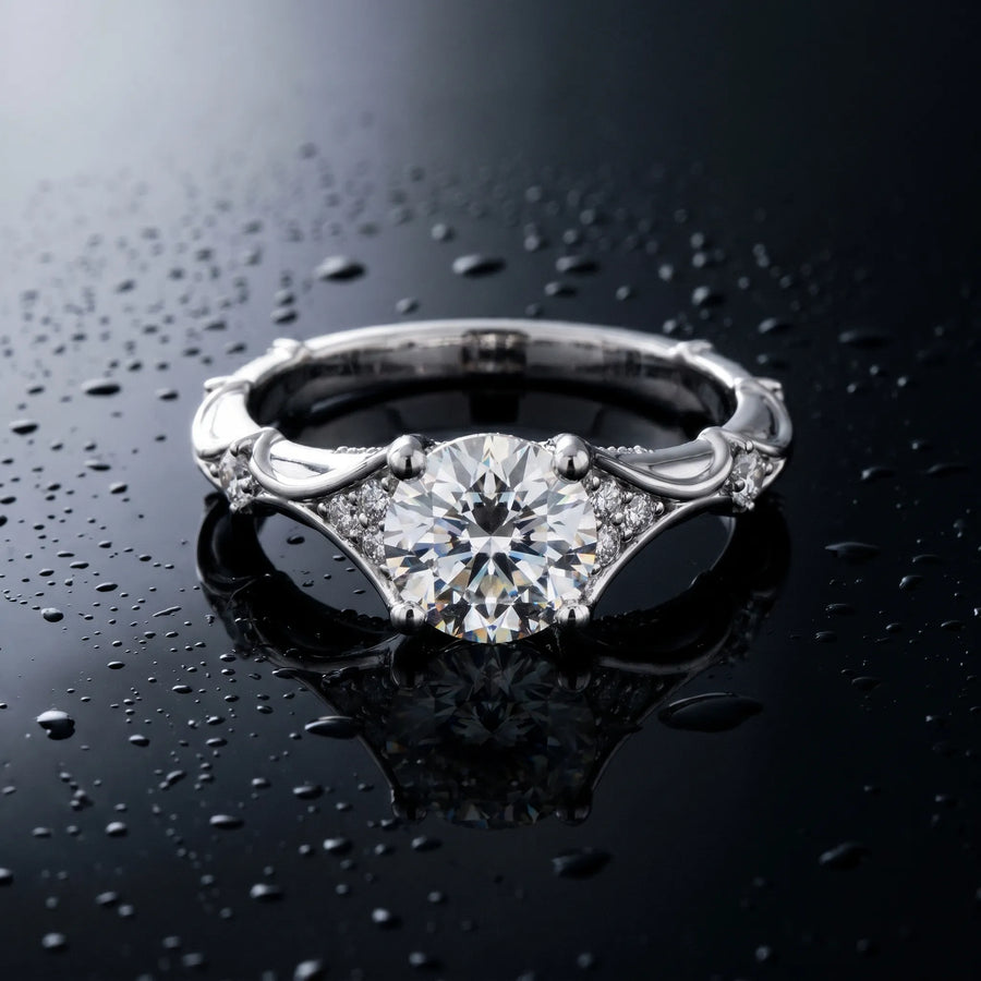 White gold Round Cut Solitaire Engagement Ring with Pave Band and Four-Prong Setting