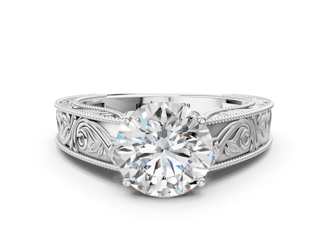 White gold Round Cut Solitaire Engraved Band with Four-Prong Setting_101