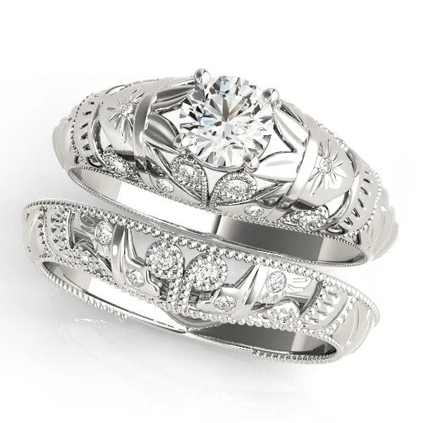 White gold Round Cut Solitaire Floral Filigree Engagement Ring with Bezel Prong Setting