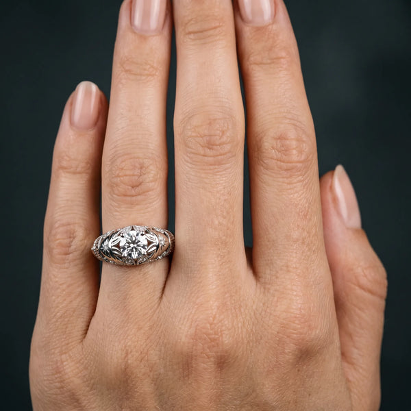 White gold Round Cut Solitaire Floral Filigree Engagement Ring with Bezel Prong Setting