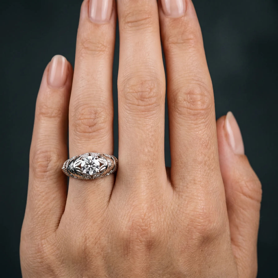 White gold Round Cut Solitaire Floral Filigree Engagement Ring with Bezel Prong Setting