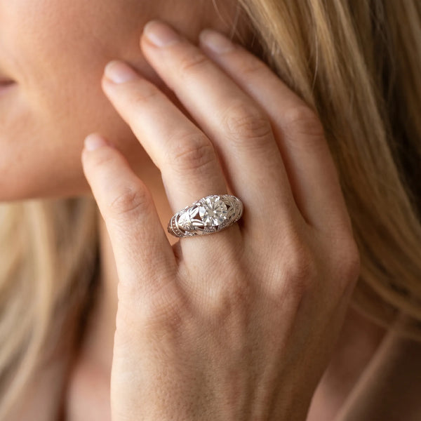 White gold Round Cut Solitaire Floral Filigree Engagement Ring with Bezel Prong Setting