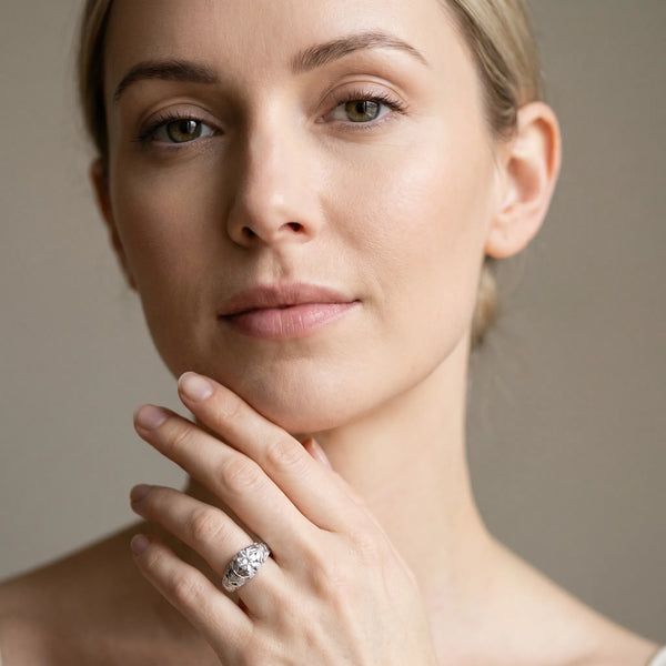 White gold Round Cut Solitaire Floral Filigree Engagement Ring with Bezel Prong Setting