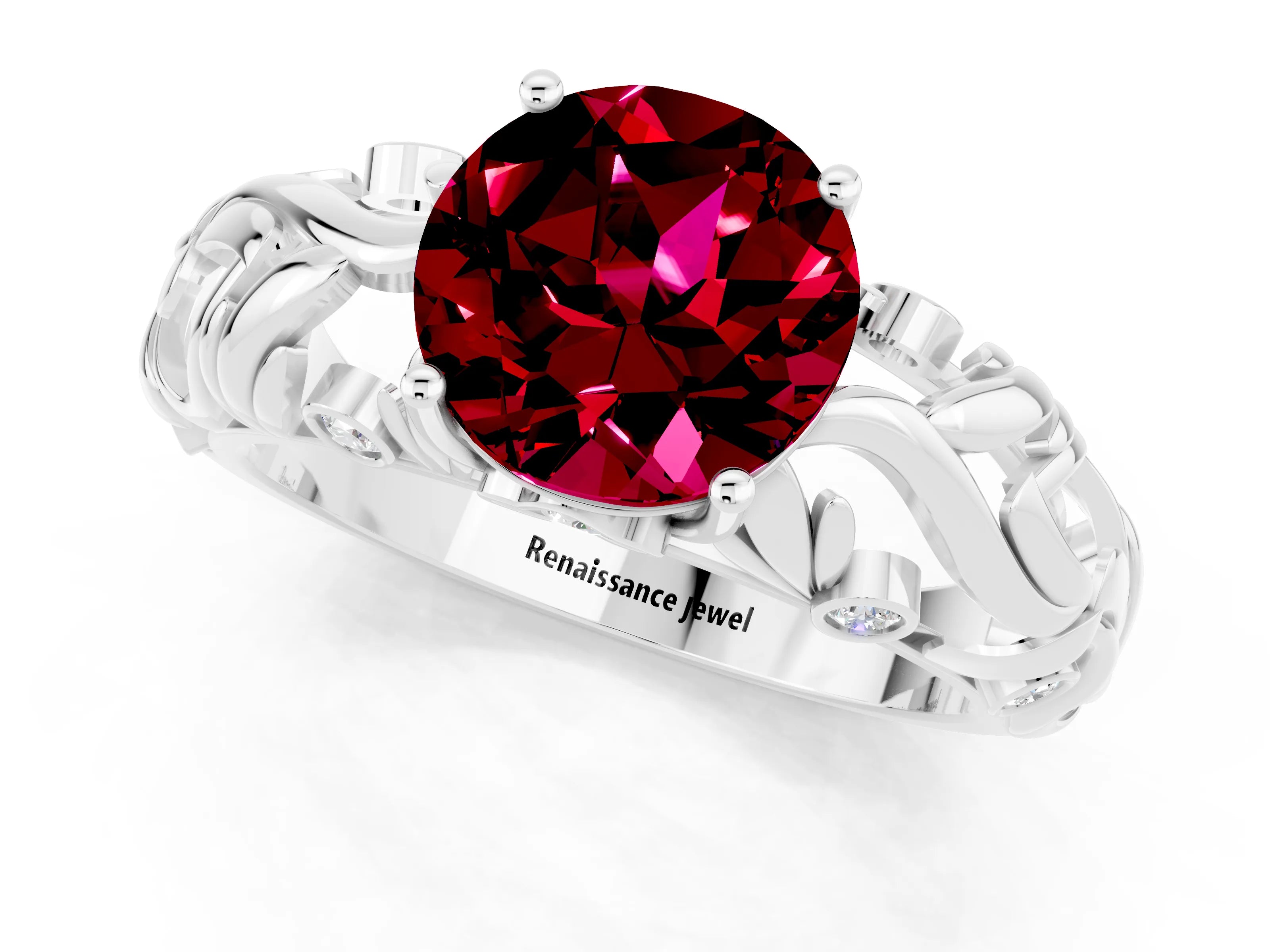 White gold Round Cut Solitaire Garnet Leaf-Inspired Vine Band Ring with Prong Setting_1