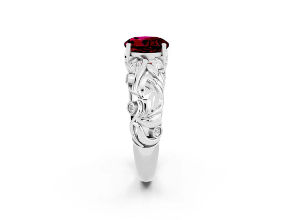 White gold Round Cut Solitaire Garnet Leaf-Inspired Vine Band Ring with Prong Setting