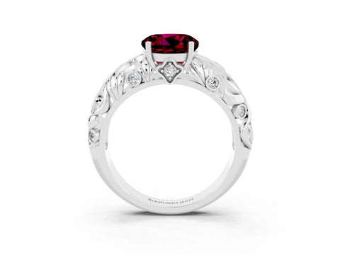 White gold Round Cut Solitaire Garnet Leaf-Inspired Vine Band Ring with Prong Setting_3