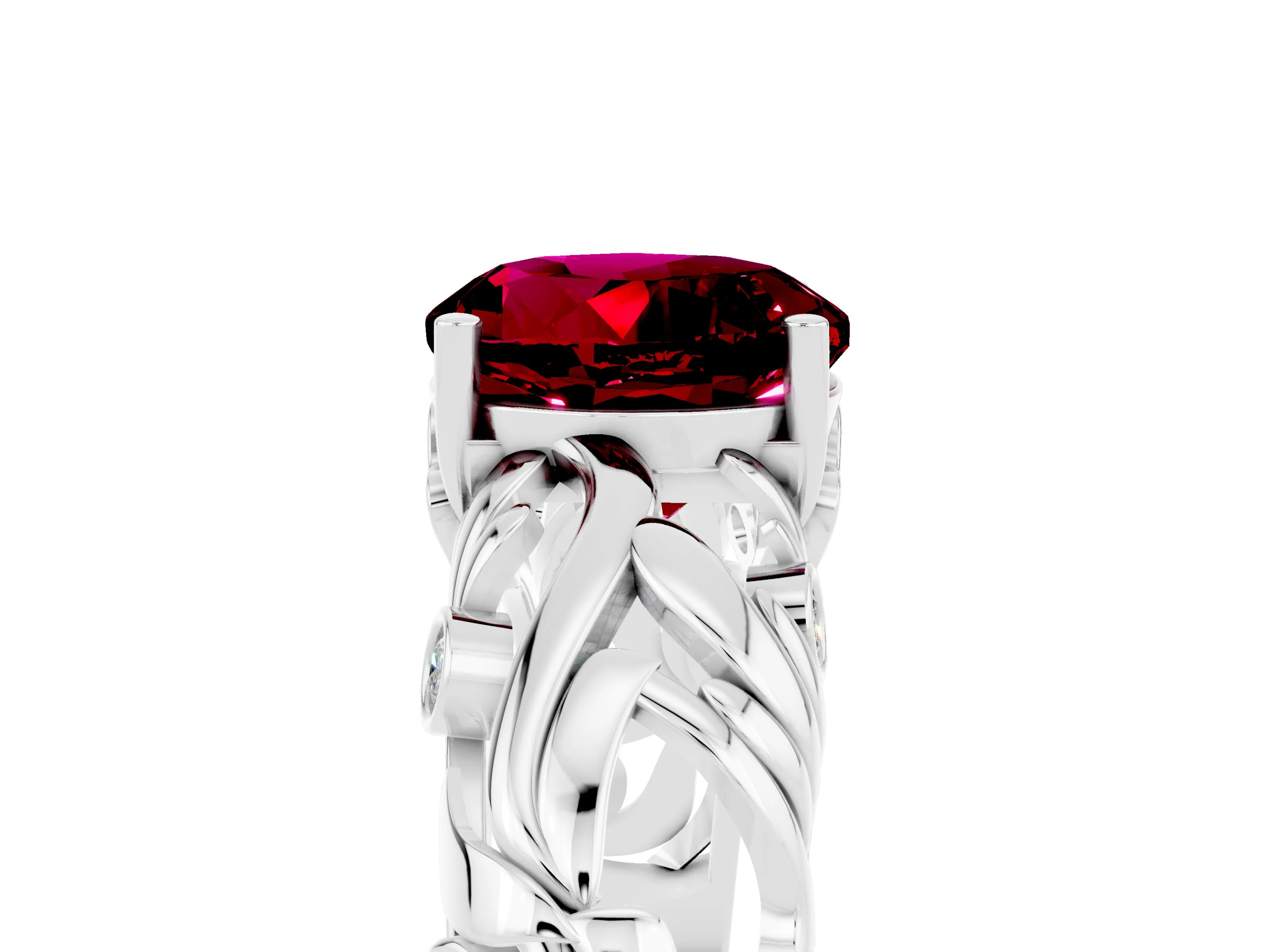 White gold Round Cut Solitaire Garnet Leaf-Inspired Vine Band Ring with Prong Setting_5