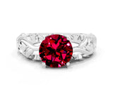 White gold Round Cut Solitaire Garnet Leaf-Inspired Vine Band Ring with Prong Setting