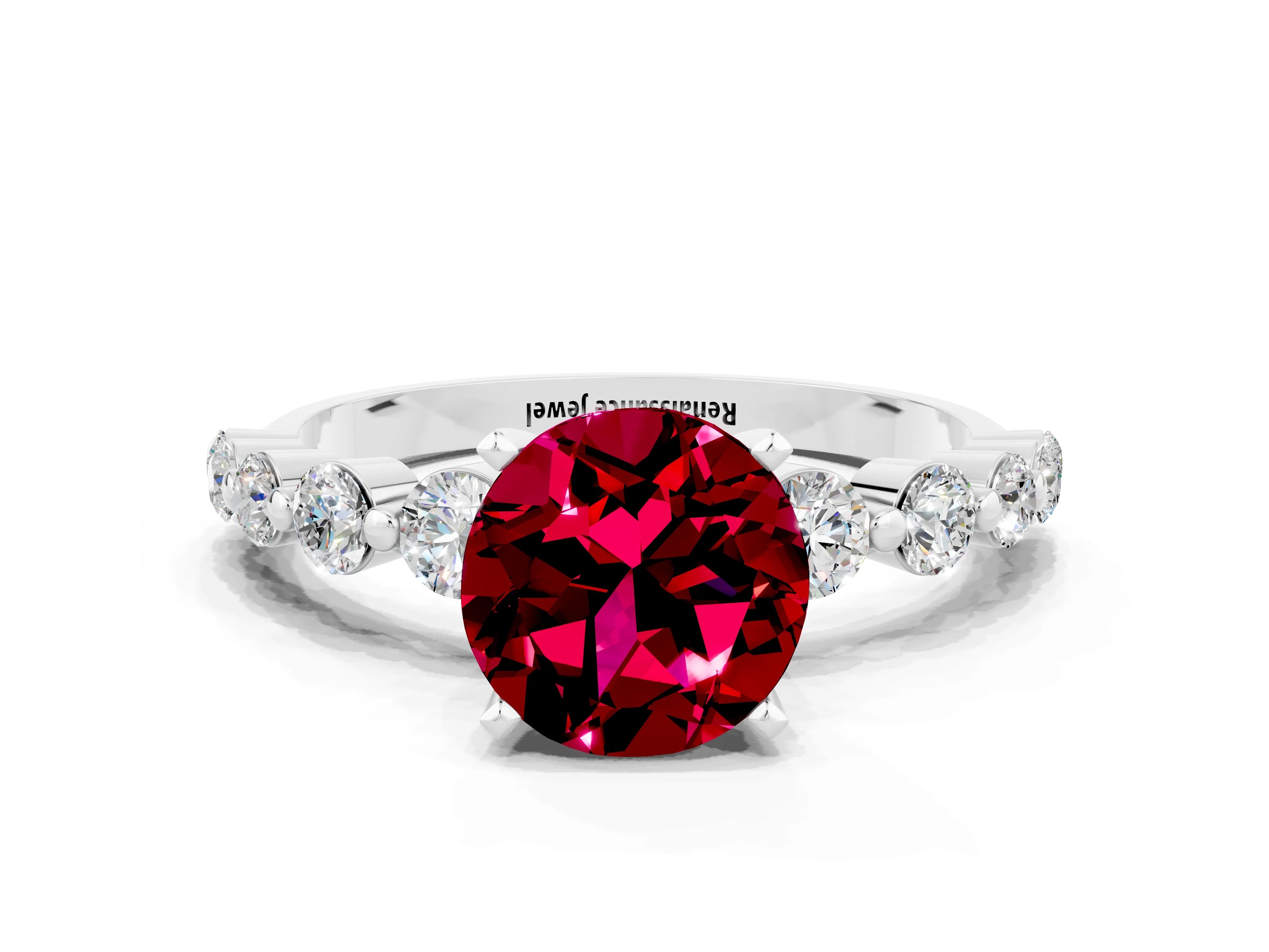 White gold Round Cut Solitaire Garnet Ring with Pave Band and Four-Prong Setting