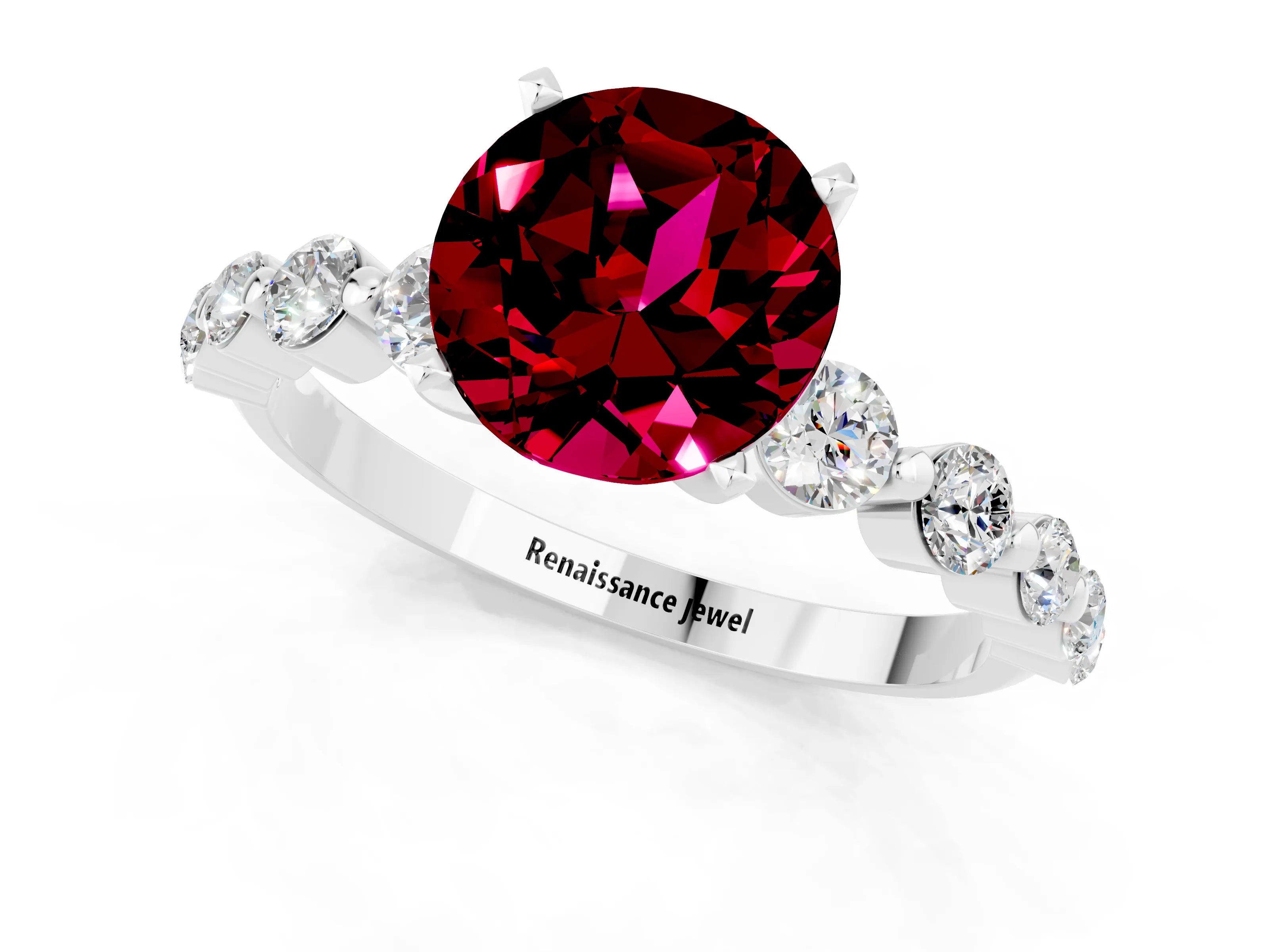 White gold Round Cut Solitaire Garnet Ring with Pave Band and Four-Prong Setting_1