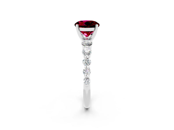 White gold Round Cut Solitaire Garnet Ring with Pave Band and Four-Prong Setting
