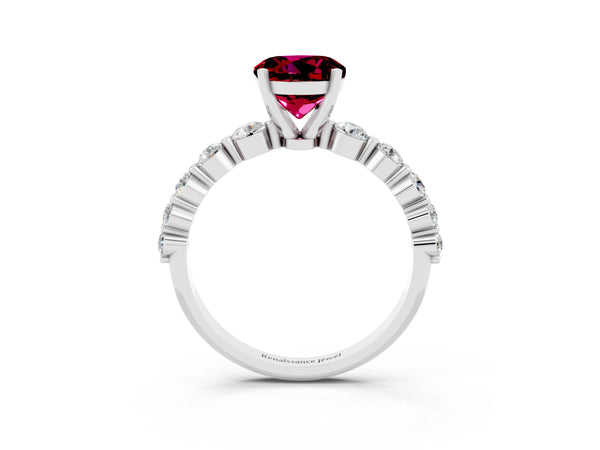 Platinum Round Cut Solitaire Garnet Ring with Pave Band and Four-Prong Setting