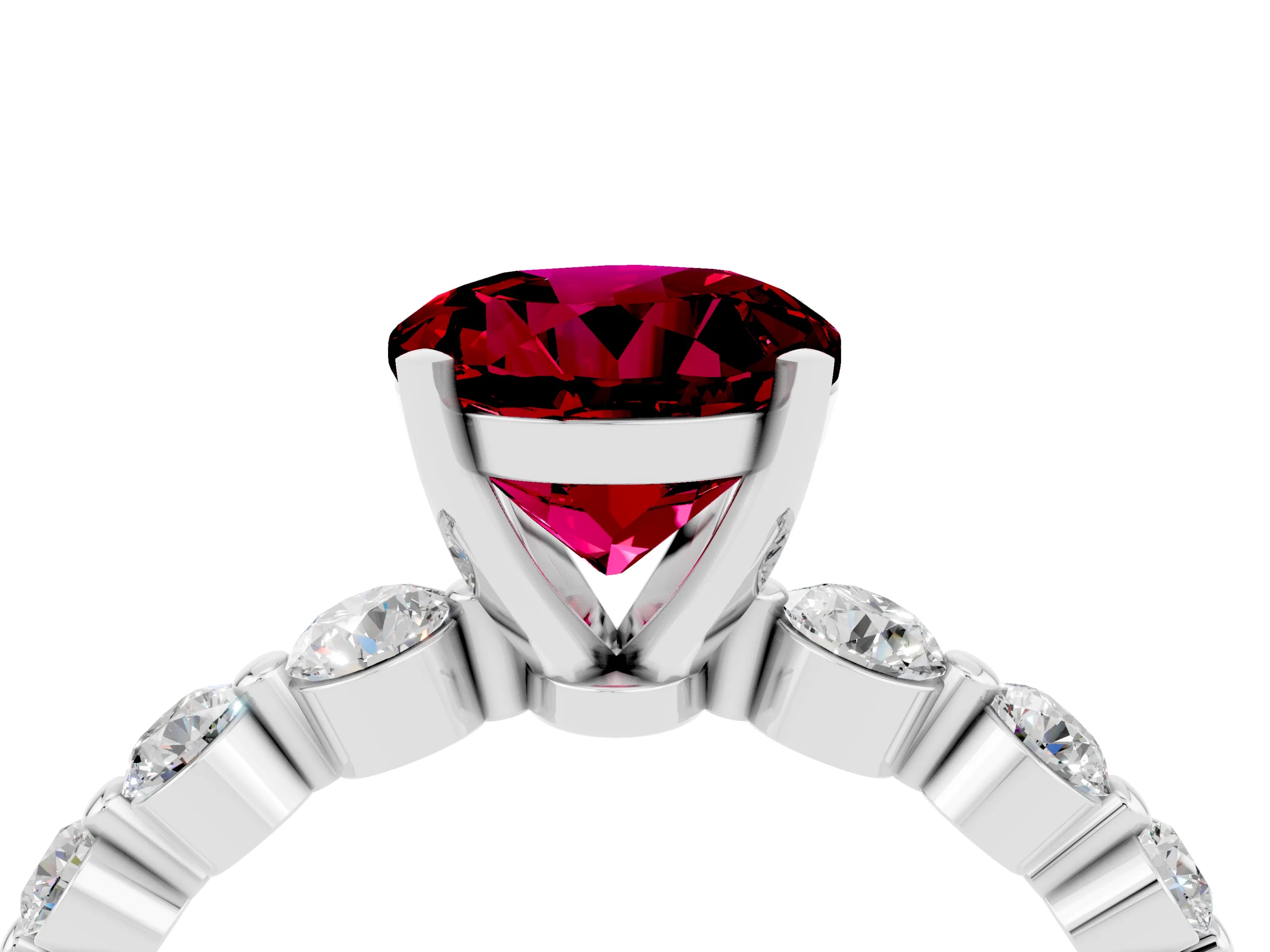 White gold Round Cut Solitaire Garnet Ring with Pave Band and Four-Prong Setting_4