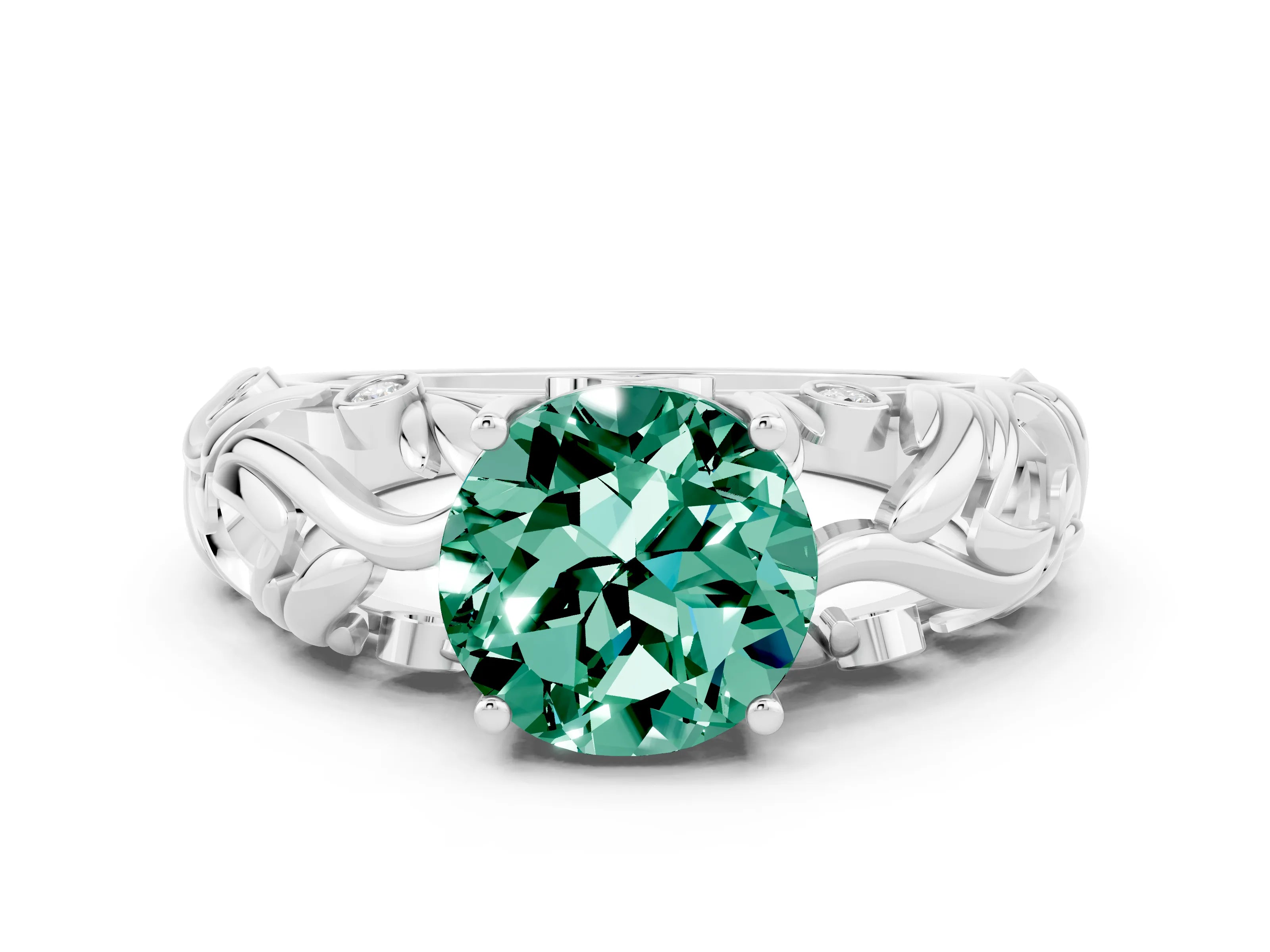 White gold Round Cut Solitaire Green Sapphire Leaf-Inspired Vine Band Ring with Prong Setting