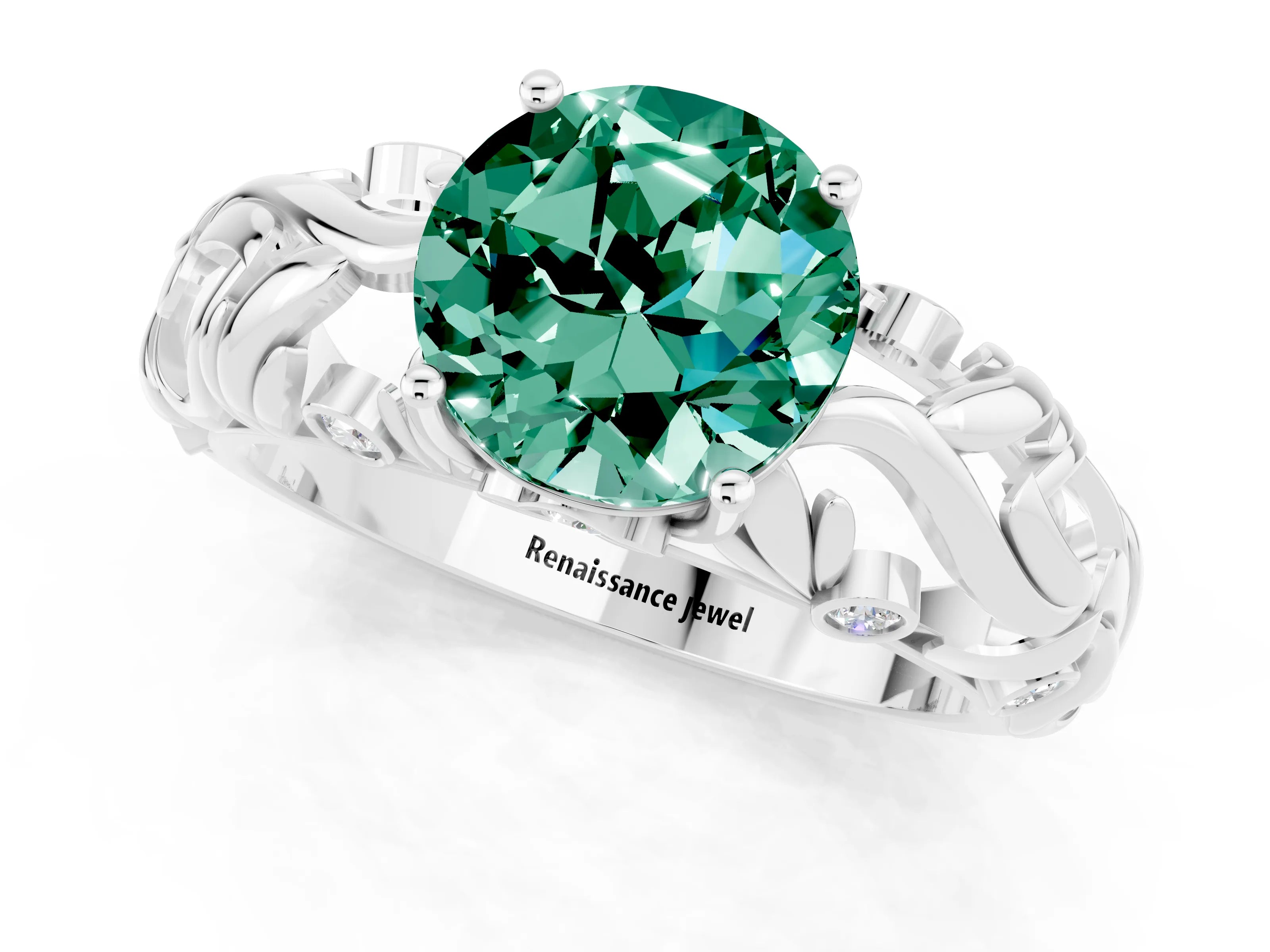 White gold Round Cut Solitaire Green Sapphire Leaf-Inspired Vine Band Ring with Prong Setting_1