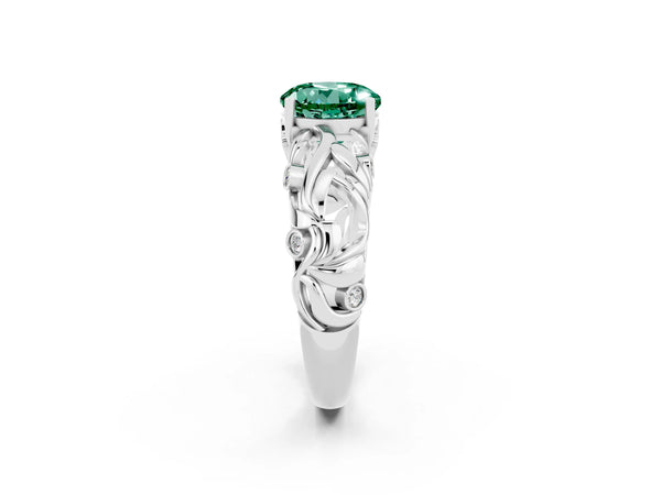 Platinum Round Cut Solitaire Green Sapphire Leaf-Inspired Vine Band Ring with Prong Setting