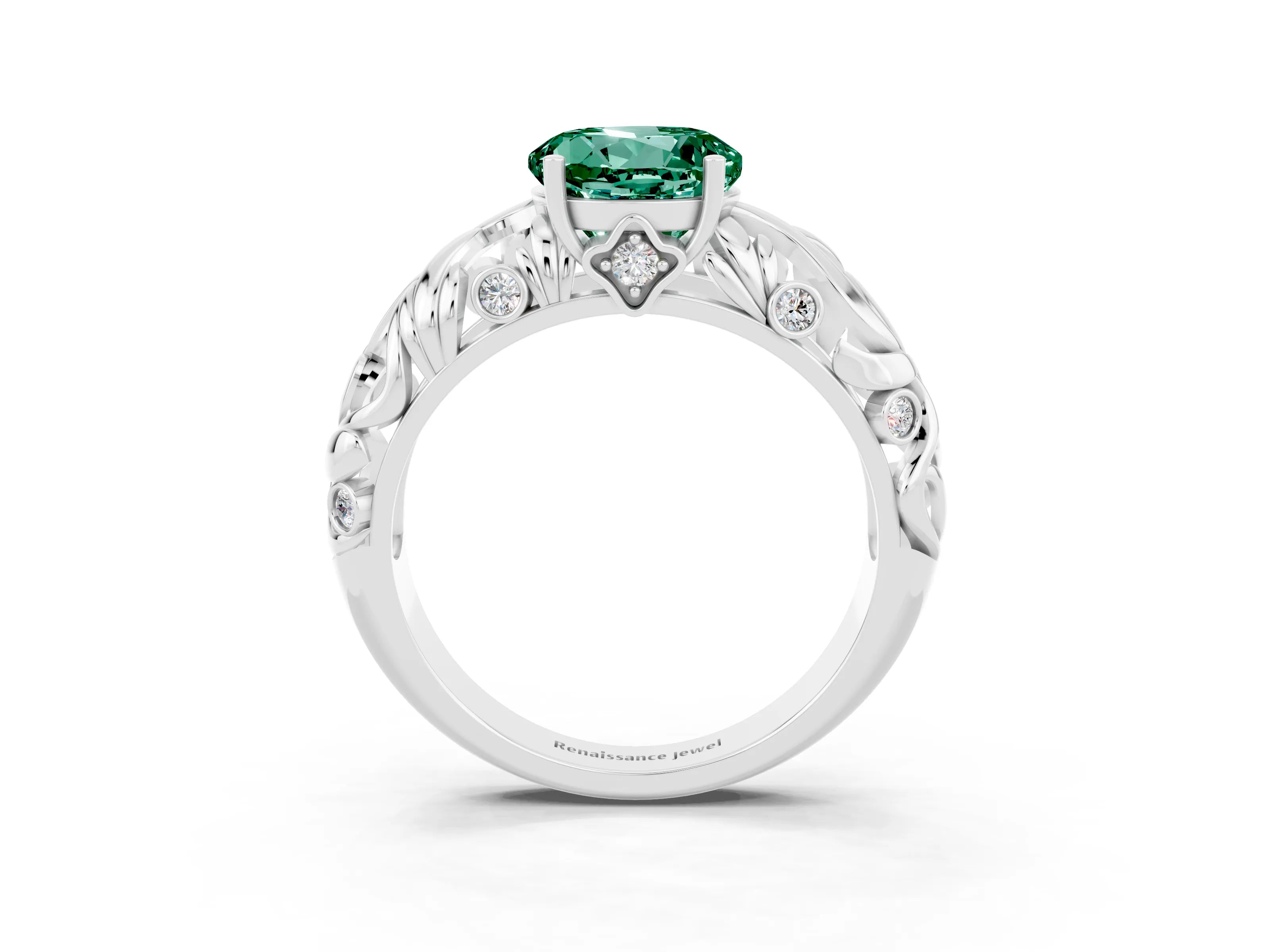 White gold Round Cut Solitaire Green Sapphire Leaf-Inspired Vine Band Ring with Prong Setting_3