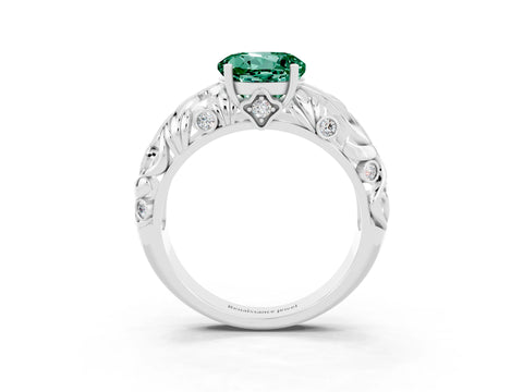 White gold Round Cut Solitaire Green Sapphire Leaf-Inspired Vine Band Ring with Prong Setting_3