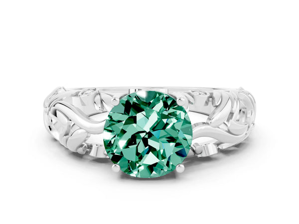 Silver Round Cut Solitaire Green Sapphire Leaf-Inspired Vine Band Ring with Prong Setting