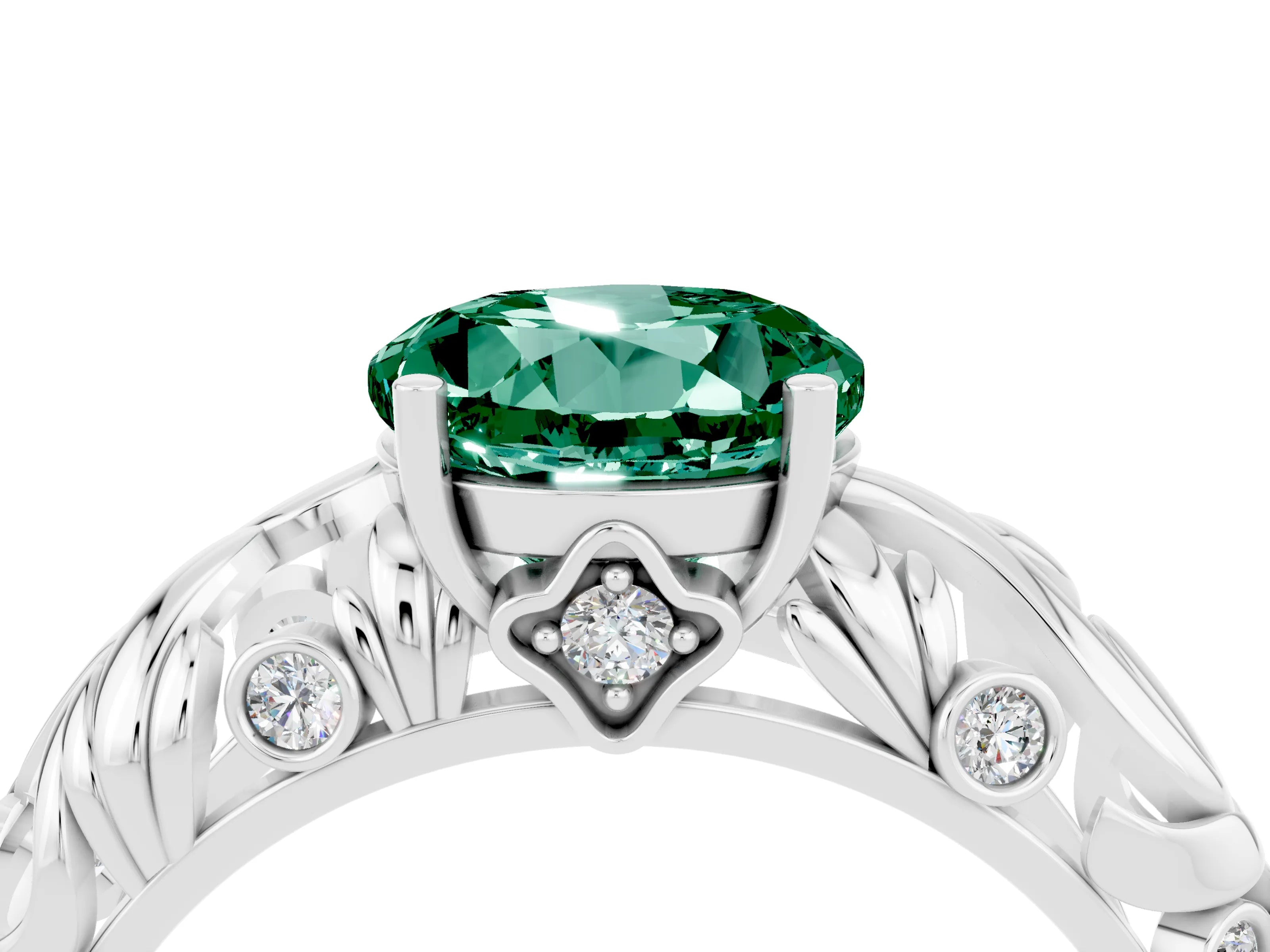 White gold Round Cut Solitaire Green Sapphire Leaf-Inspired Vine Band Ring with Prong Setting_4