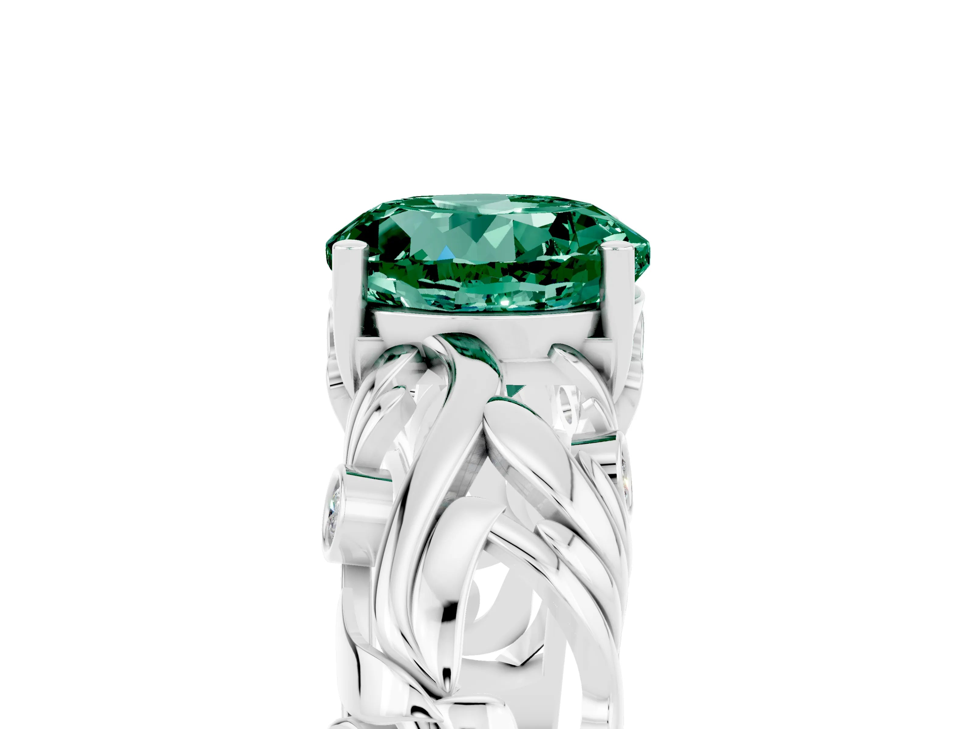 White gold Round Cut Solitaire Green Sapphire Leaf-Inspired Vine Band Ring with Prong Setting_5