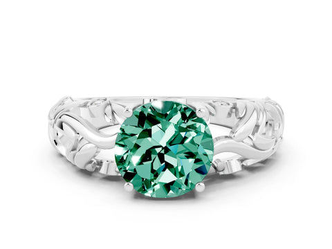 White gold Round Cut Solitaire Green Sapphire Leaf-Inspired Vine Band Ring with Prong Setting