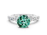 White gold Round Cut Solitaire Green Sapphire Ring with Pave Band and Four-Prong Setting