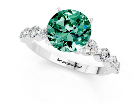 White gold Round Cut Solitaire Green Sapphire Ring with Pave Band and Four-Prong Setting_1
