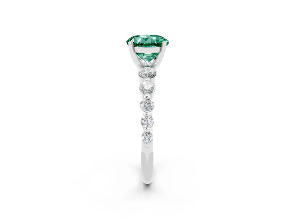 Silver Round Cut Solitaire Green Sapphire Ring with Pave Band and Four-Prong Setting