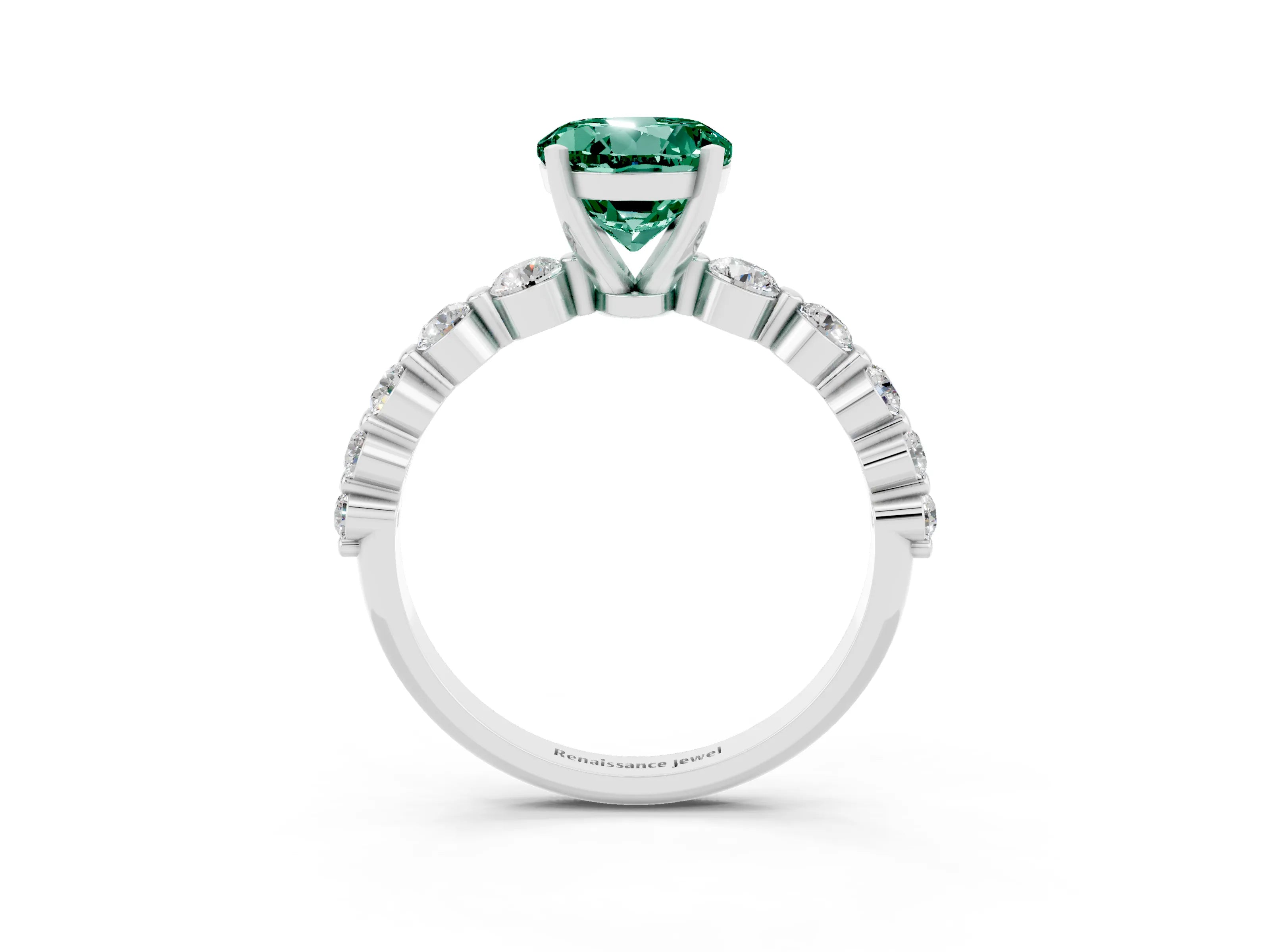 White gold Round Cut Solitaire Green Sapphire Ring with Pave Band and Four-Prong Setting_3