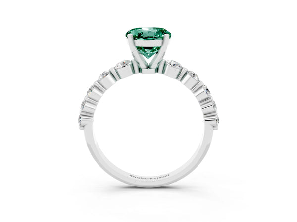 White gold Round Cut Solitaire Green Sapphire Ring with Pave Band and Four-Prong Setting