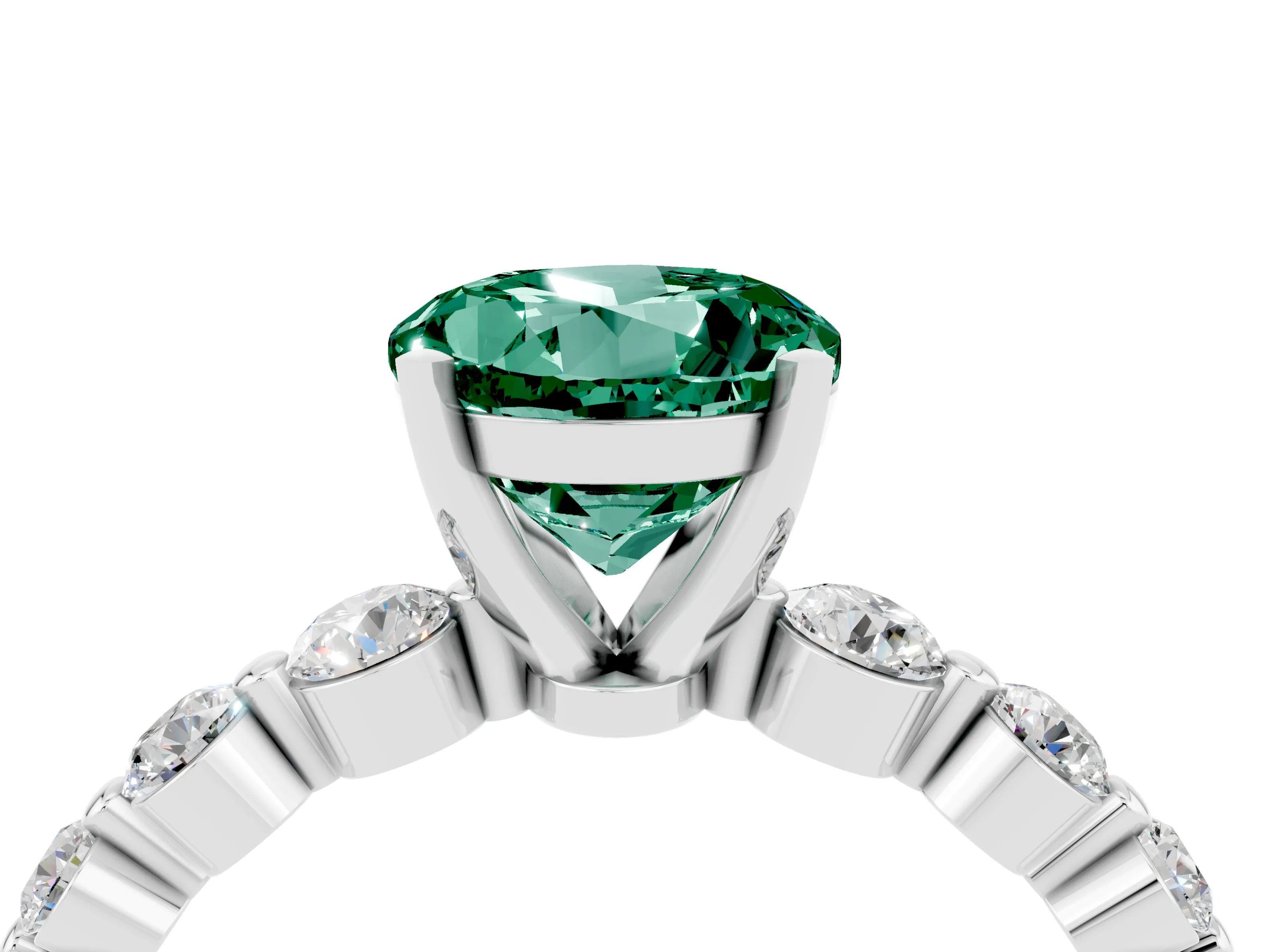 White gold Round Cut Solitaire Green Sapphire Ring with Pave Band and Four-Prong Setting_4