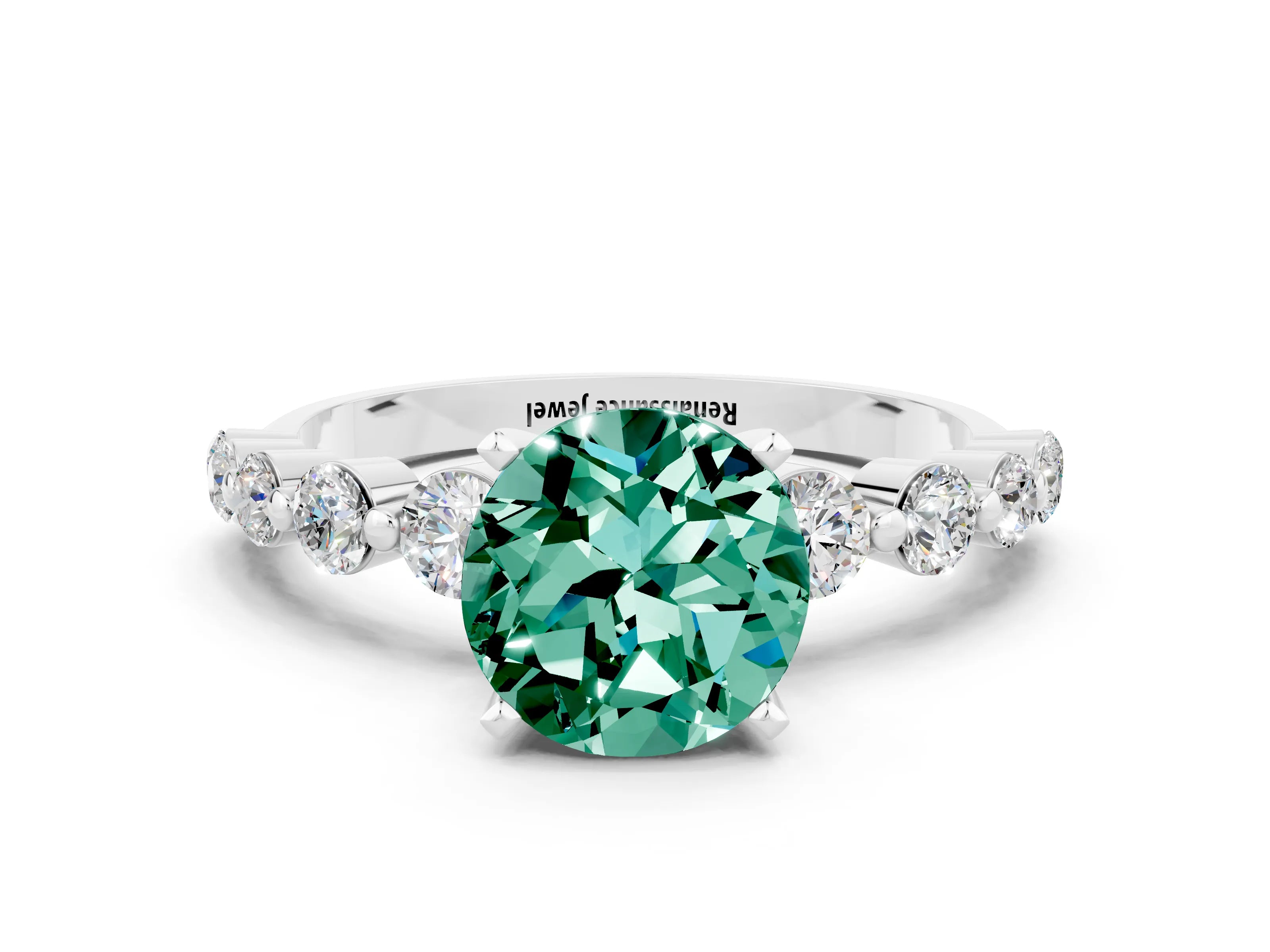 White gold Round Cut Solitaire Green Sapphire Ring with Pave Band and Four-Prong Setting