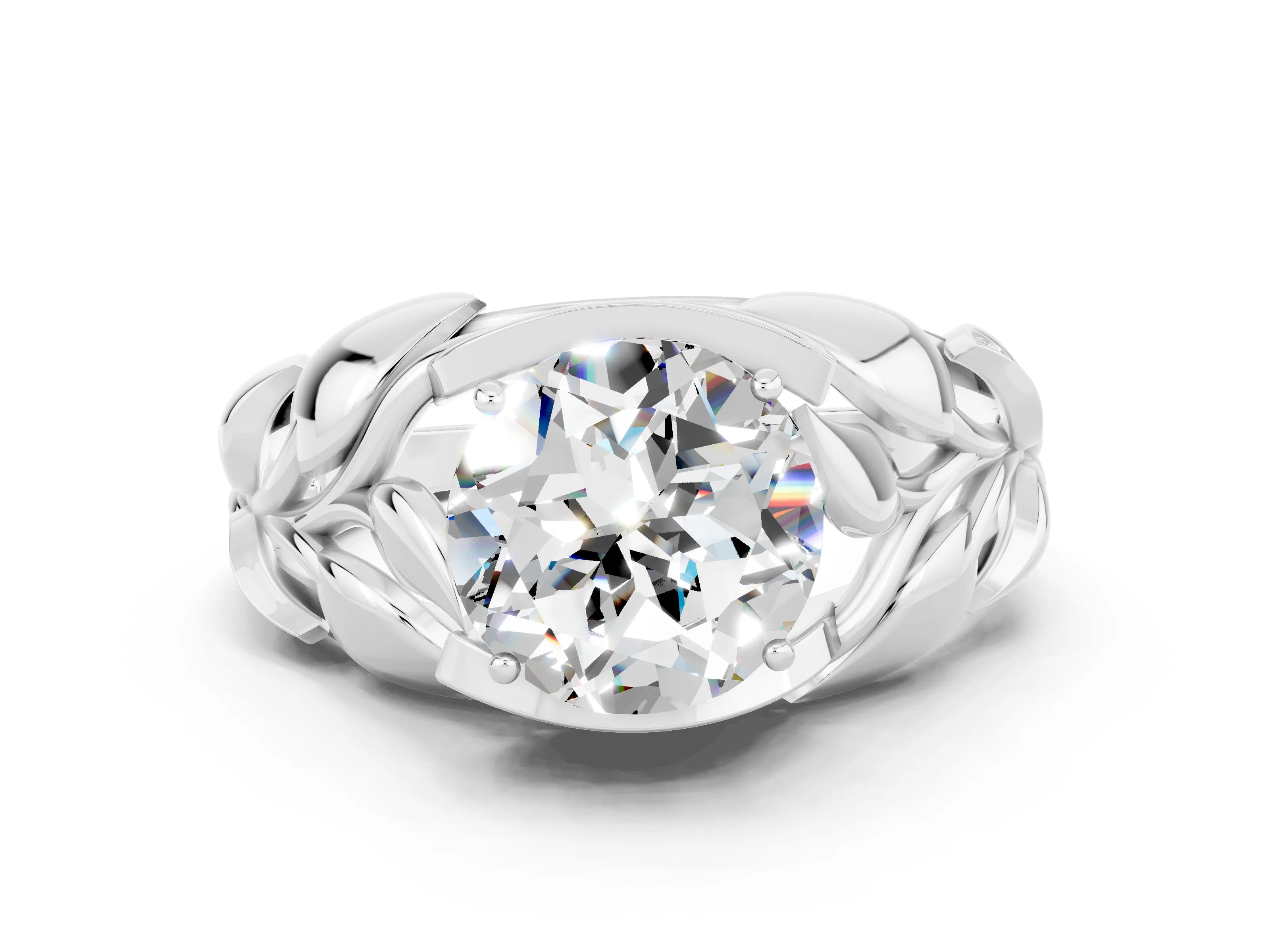 White gold Round Cut Solitaire Leaf-Inspired Engagement Ring with Prong Setting