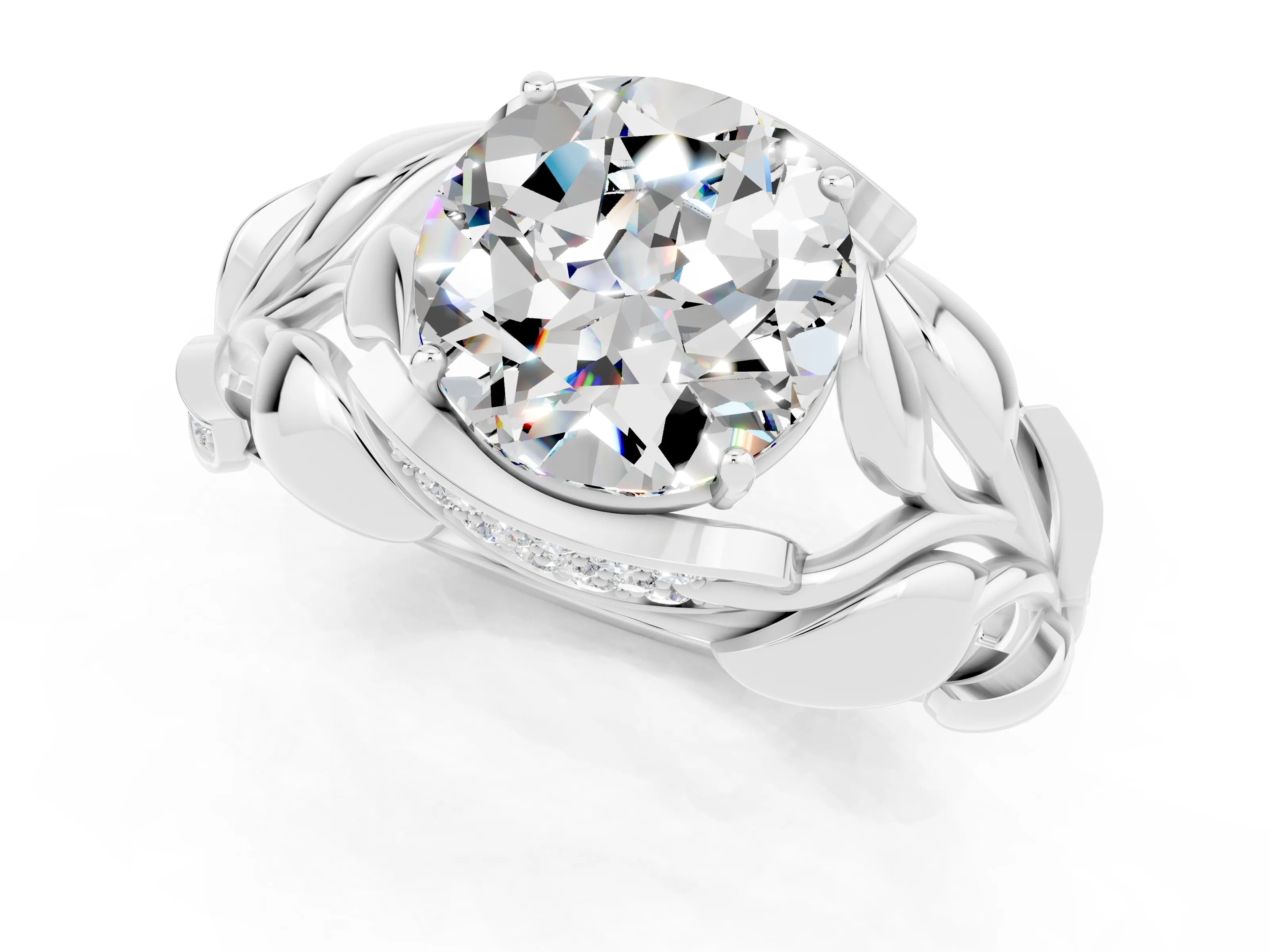 White gold Round Cut Solitaire Leaf-Inspired Engagement Ring with Prong Setting_1