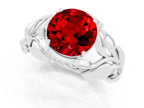 Platinum Round Cut Ruby Leaf-Inspired Engagement Ring with Round Accents and Prong Setting