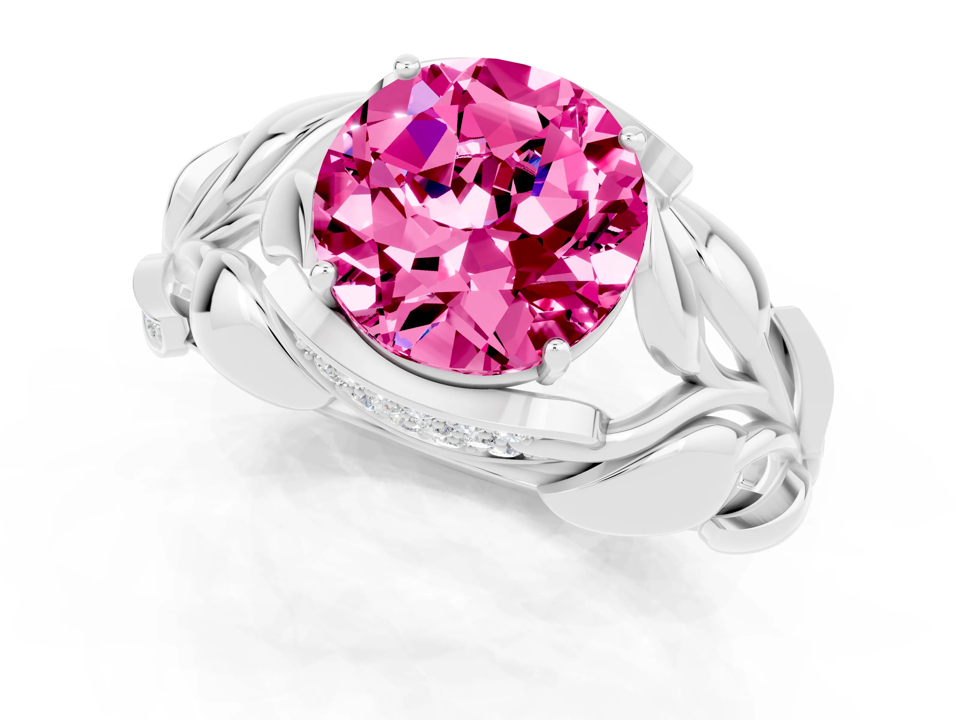 White gold Round Cut Solitaire Leaf-Inspired Engagement Ring with Prong Setting_1