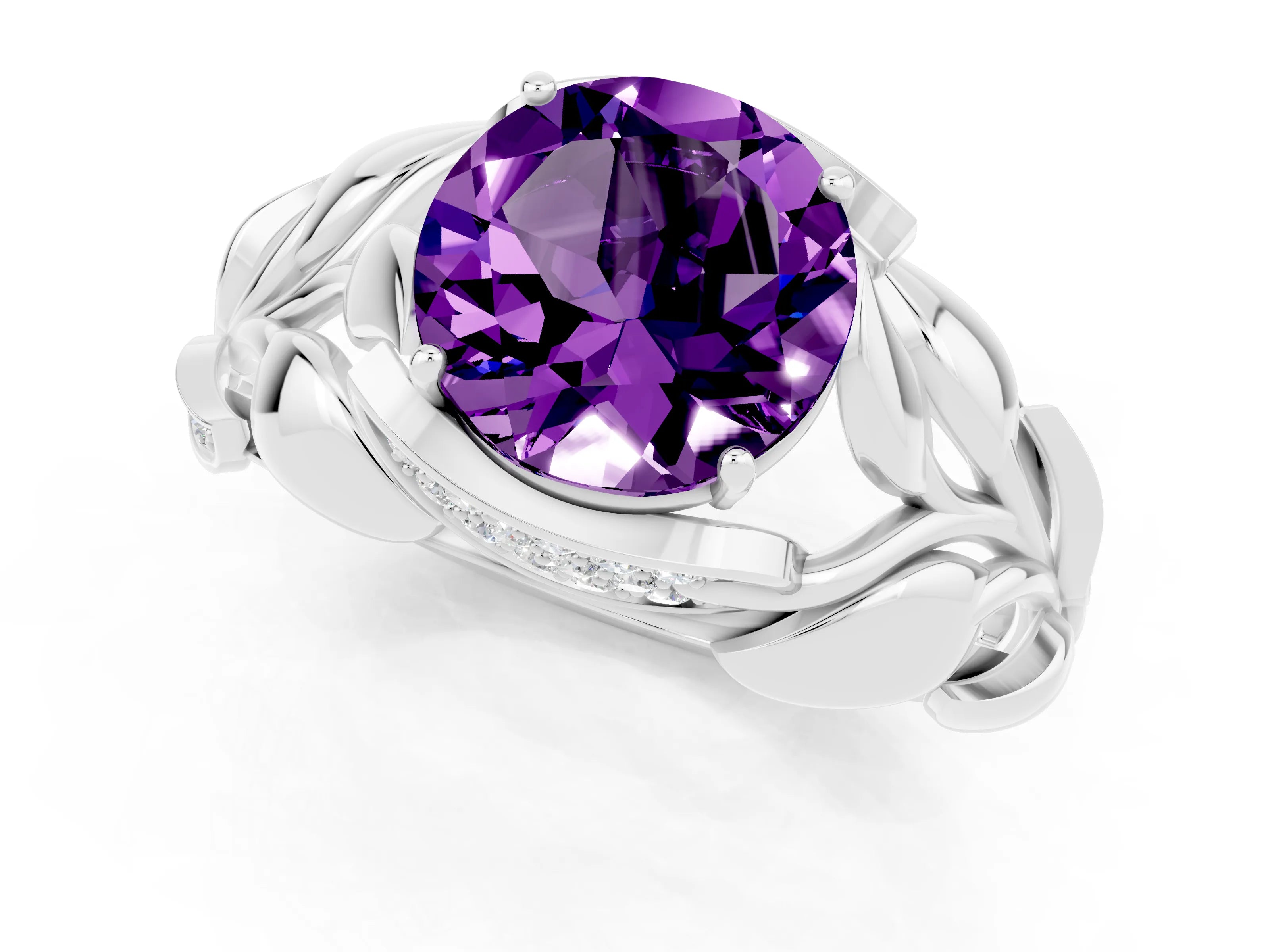 White gold Round Cut Solitaire Leaf-Inspired Engagement Ring with Prong Setting_1