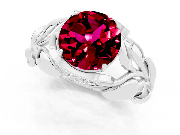 Platinum Round Cut Garnet Leaf-Inspired Engagement Ring with Round Accents and Prong Setting