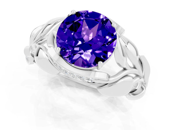 White gold Round Cut Tanzanite Leaf-Inspired Engagement Ring with Round Accents and Prong Setting