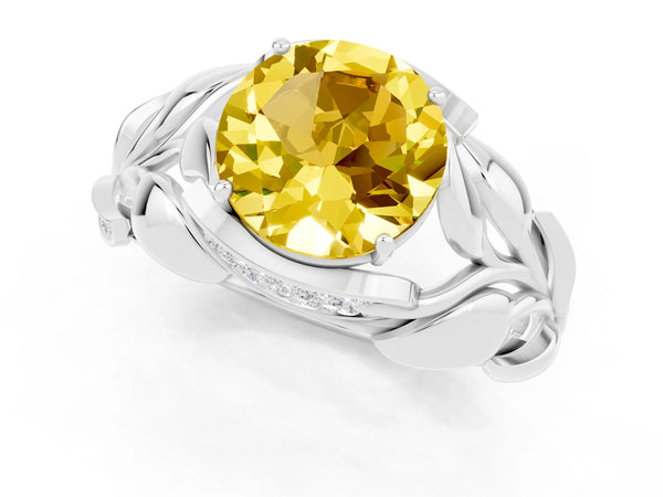 Silver Round Cut Yellow Sapphire Leaf-Inspired Engagement Ring with Round Accents and Prong Setting
