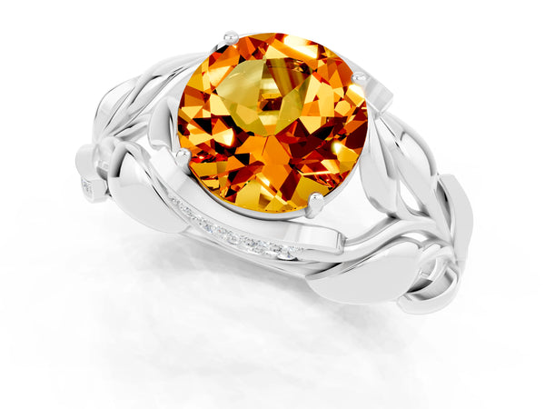 White gold Round Cut Citrine Leaf-Inspired Engagement Ring with Round Accents and Prong Setting