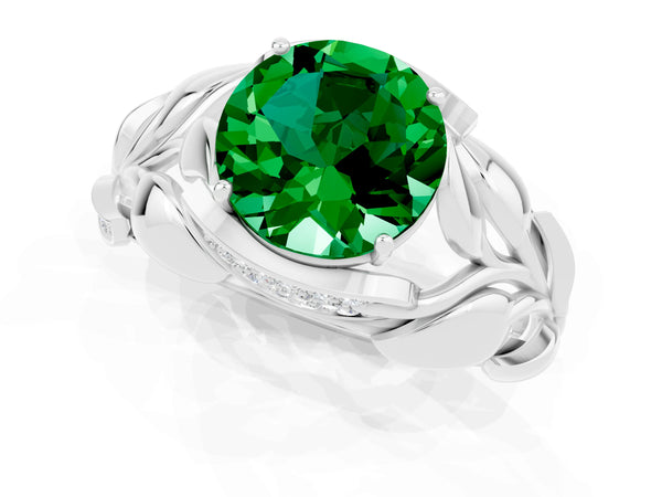 Silver Round Cut Emerald Leaf-Inspired Engagement Ring with Round Accents and Prong Setting