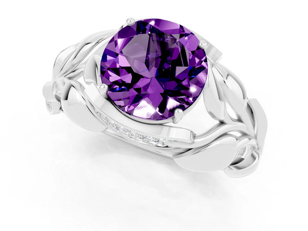 Silver Round Cut Amethyst Leaf-Inspired Engagement Ring with Round Accents and Prong Setting